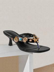 SHUZIA Women's Minimalist Comfortable Thong Strap Heeled Sandals With Seastar Ornaments - Black - View 4