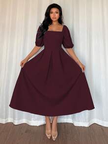 Elenzga petite Đầm nữ cổ vuông xẻ eo trước dáng chữ A xòe rộng tay phồng xếp ly màu đỏ Angora, thanh lịch kiểu Pháp lãng mạn nữ tính cổ điển, thích hợp đi làm, công sở, đi biển, dạo phố, đơn giản, đa năng, kiểu retro, phù hợp cho đám cưới, ngày Valentine, tiệc trà chiều, tiệc tùng, bộ sưu tập xuân/hè mới về. - Màu Tím - Xem 3