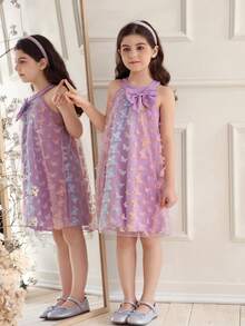 女童优雅可爱蝴蝶网纱露背无袖A字休闲连衣裙，适合节日派对、生日礼物、度假、春夏穿着 - 紫色 - 查看 4