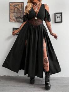 Whyspr Đầm dáng chữ A tay ngắn cổ chữ V phối ren, xẻ tà đôi, cỡ lớn, phong cách vintage punk thanh lịch dành cho nữ. - màu đen - Xem 3