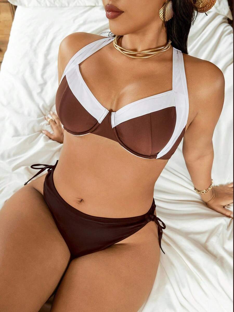 Swim Vcay 大码女式细肩带聚拢钢圈高领泳衣上衣 - 棕色 - 查看 1