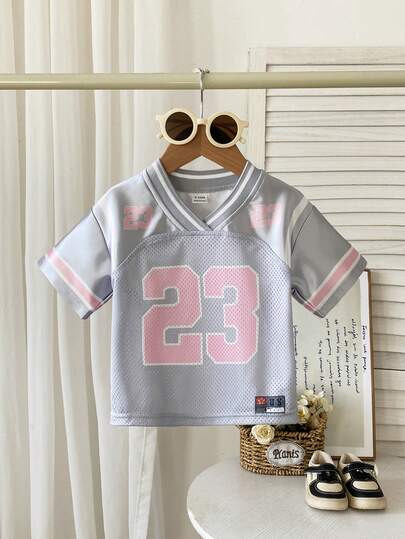 SHEIN Playful Pals Baby Girl Casual Sports Street Fashion V-Neck Short Sleeve Colorblock Striped Printed Mesh Breathable T-Shirt, Summer