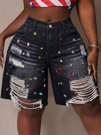 Slaydiva Shorts vaqueros de talle medio con efecto desgastado para tallas grandes