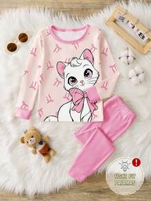 1set Baby Girls' Pajamas, Pink Cute Cartoon Cat & Bow Print, Snug Fit Long Sleeve Top And Pants, Spring/Autumn - Pink - View 1
