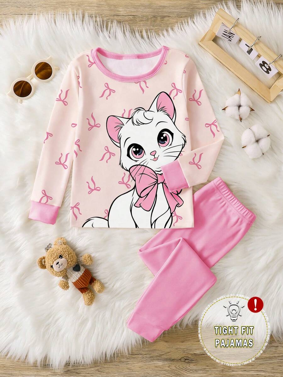 1set Baby Girls' Pajamas, Pink Cute Cartoon Cat & Bow Print, Snug Fit Long Sleeve Top And Pants, Spring/Autumn - Pink - View 1