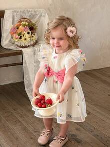 LMoss Kids Baby Girl Cute Organza Floral Pattern Ruffle Hem Sleeveless Dress, Summer