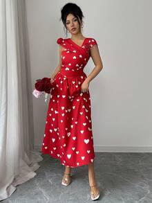 Rafferiza 女士时尚爱心印花长裙，夏季 - 紅白色 - 查看 7