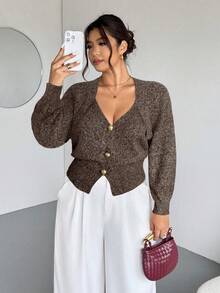 Firerie Plus Size Solid Color Front Button Long Sleeve Casual Knit Cardigan In Fall/Winter - Brown - View 1