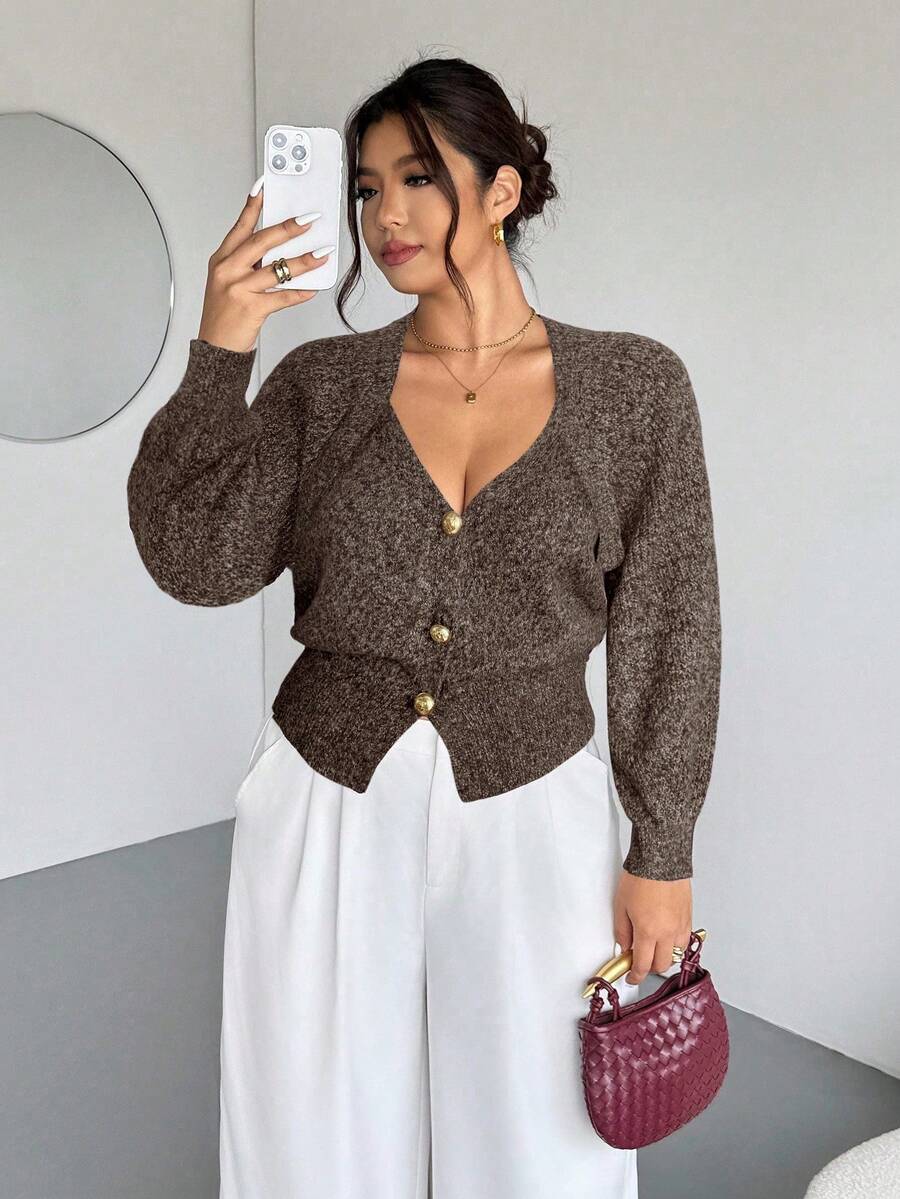 Firerie Plus Size Solid Color Front Button Long Sleeve Casual Knit Cardigan In Fall/Winter - Brown - View 1