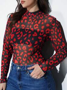 Maija 大码女式豹纹透视长袖修身上衣，猎豹纹圣帕特里克节女装，复活节夏季派对上衣，海滩夏季假期女装，夏季外出毕业休闲上衣 - 紅色 - 查看 5