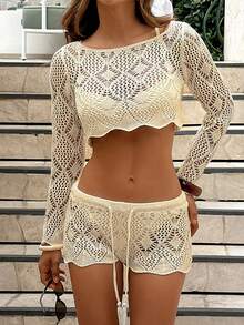 Bonvoyette Beach Cover Up Set With Hollow Design, Short Sleeve And Shorts, Suitable For Spring/Summer Crochet Two Piece Set Cream Two Piece Set Two Piece Set Crochet Short Set Boho Two Piece Set - Apricot - View 4