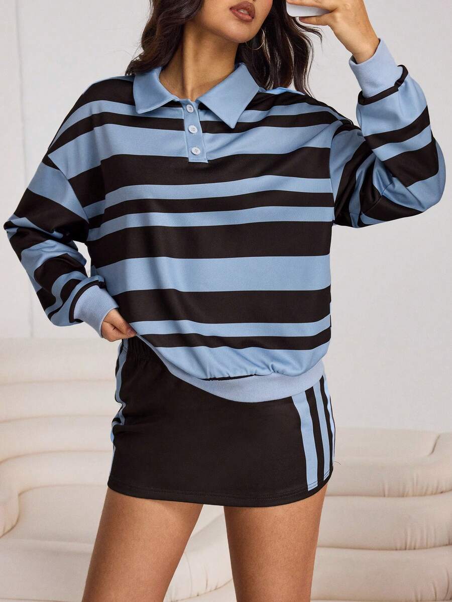 Aidyla Women's Casual Commuting Contrast Stripe Print Loose Polo Shirt And A-Line Skirt 2-Piece Set, Spring/Summer/Autumn - Multicolor - View 1