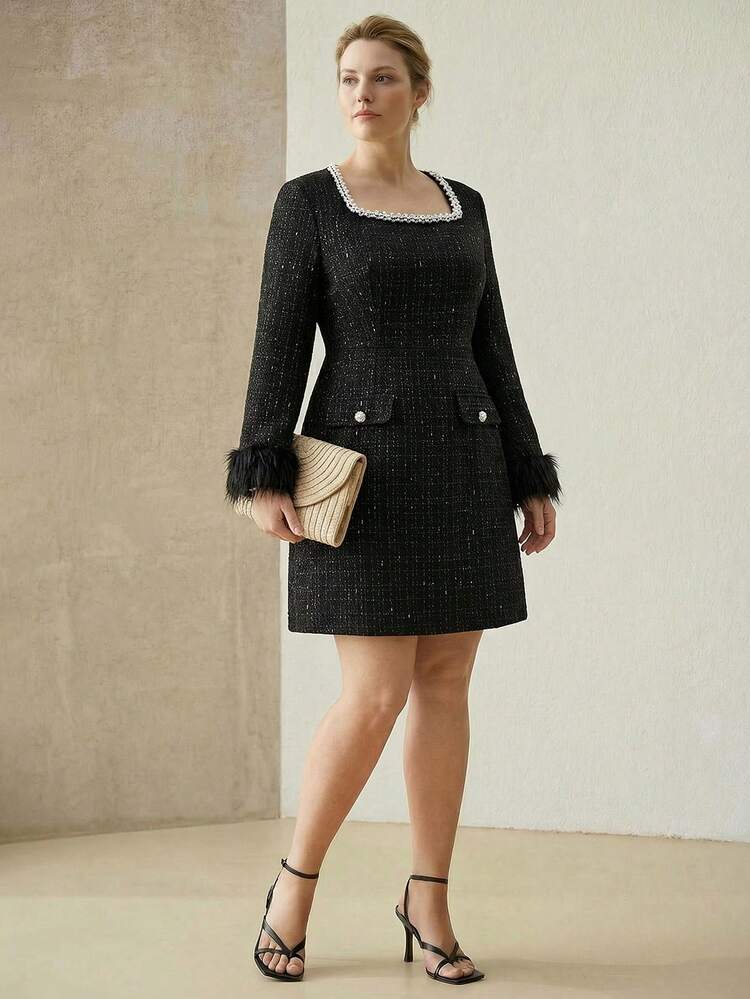 PLUS SIZE TWEED FAUX PEARLS SQUARE NECK FAUX FUR CUFF LONG SLEEVE SHORT DRESS, AUTUMN/WINTER PARTY