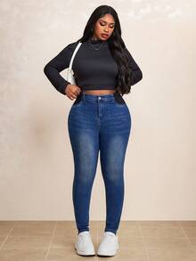 Truni Jeans skinny pour femmes grande taille, jeans bleu foncé stretch, bas pour sortir, collants pour femmes, pantalons en jean pour femmes, pantalons d'automne, pantalons en denim, tenue de retour au foyer d'automne - Jean brut - Voir 6