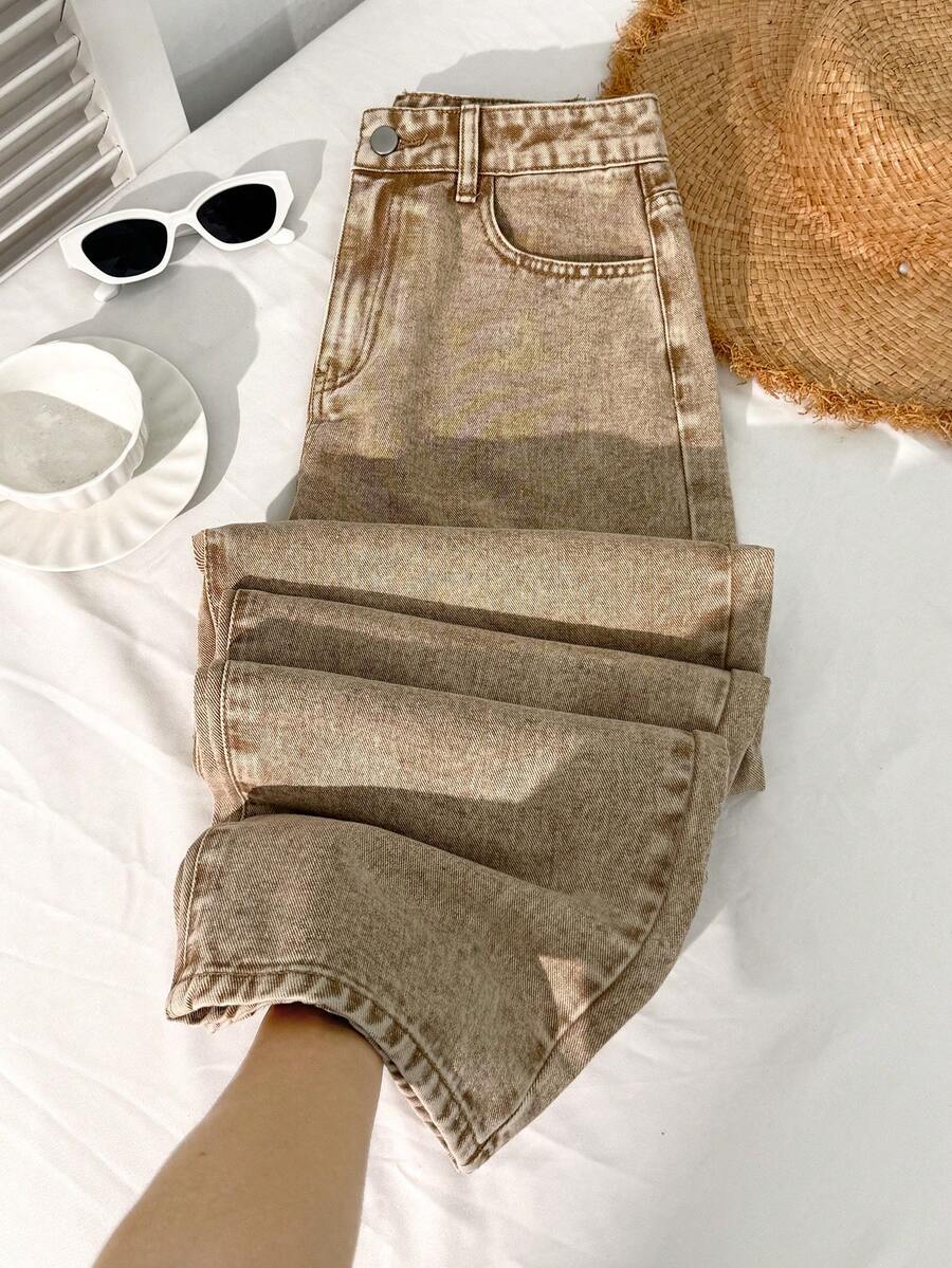 SHEIN MOD 女士口袋宽松阔腿休闲百搭牛仔裤 - 卡其色 - 查看 1