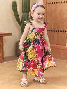 SHEIN 女婴编织花卉荷叶边方领休闲连衣裙 - 彩色 - 查看 3