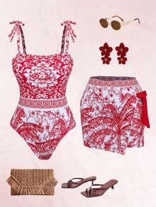 Swim Oasis 2026 New Elegant Floral Print One-Piece Swimsuit, High-End Beach Resort Wear, Plus Size - Red - View 1