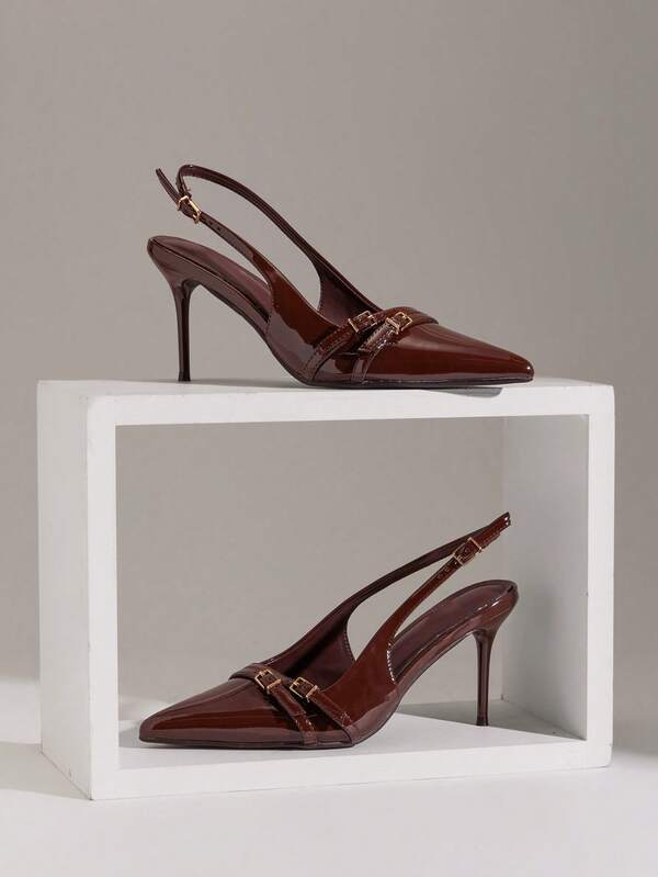 SHUZIA Zapatos de tacón con punta fina, elegantes y de moda con correa hebillada en la parte trasera para mujeres