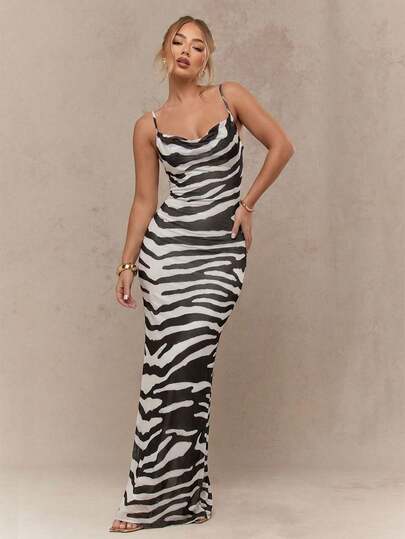 Missguided Zebra Print Maxi Cowl Neck Spaghetti Strap Bodycon Floor Length Evening Gown Animal Pattern Sleeveless Formal Fitted Party Dress,XL