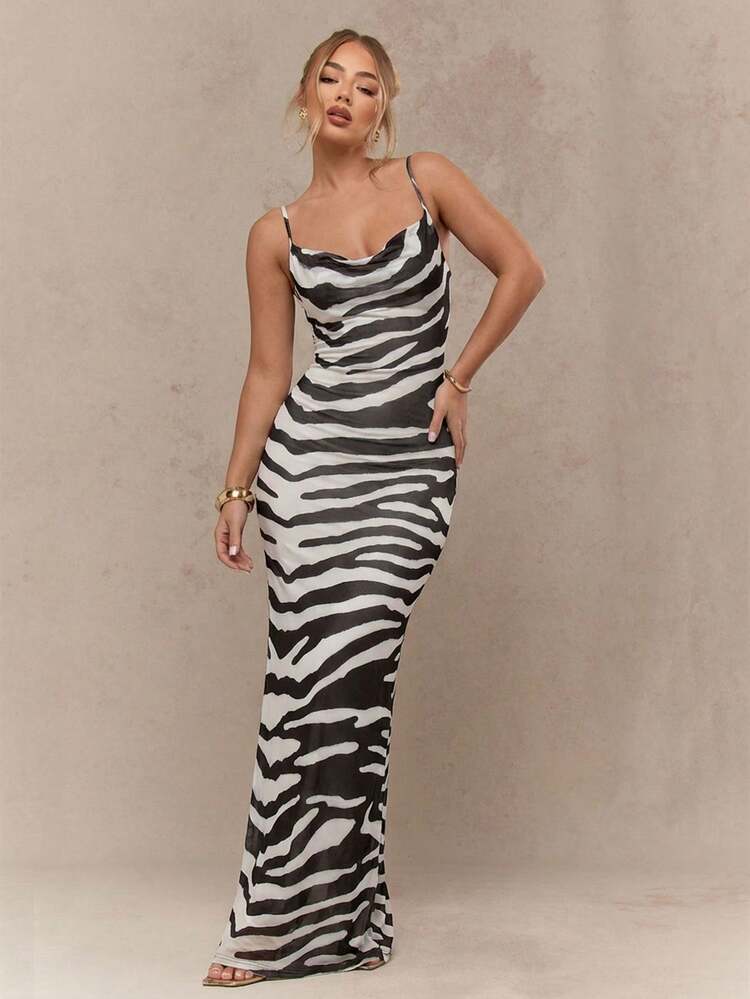 MISSGUIDED Zebra Print Maxi Cowl Neck Spaghetti Strap Bodycon Floor Length Evening Gown Animal Pattern Sleeveless Formal Fitted Party Dress