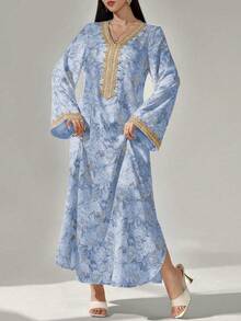 Al Najma 女士花卉印花钩编拼接长袖连衣裙，优雅端庄的A字型卡夫坦长袍，适合晚宴/婚礼宾客/周年纪念/日常穿着 - 淺藍色 - 查看 7