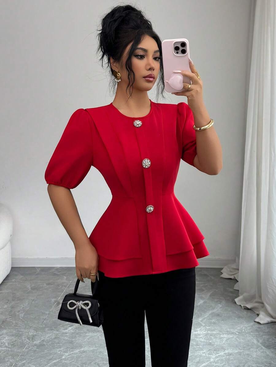 Selianne Women's Elegant Red Summer Party Blouse, Ruffled Collar A-Line Decorated Lantern Sleeve Short Top,Casual Commuting,Vacation,Valentine's Day - Red - View 1