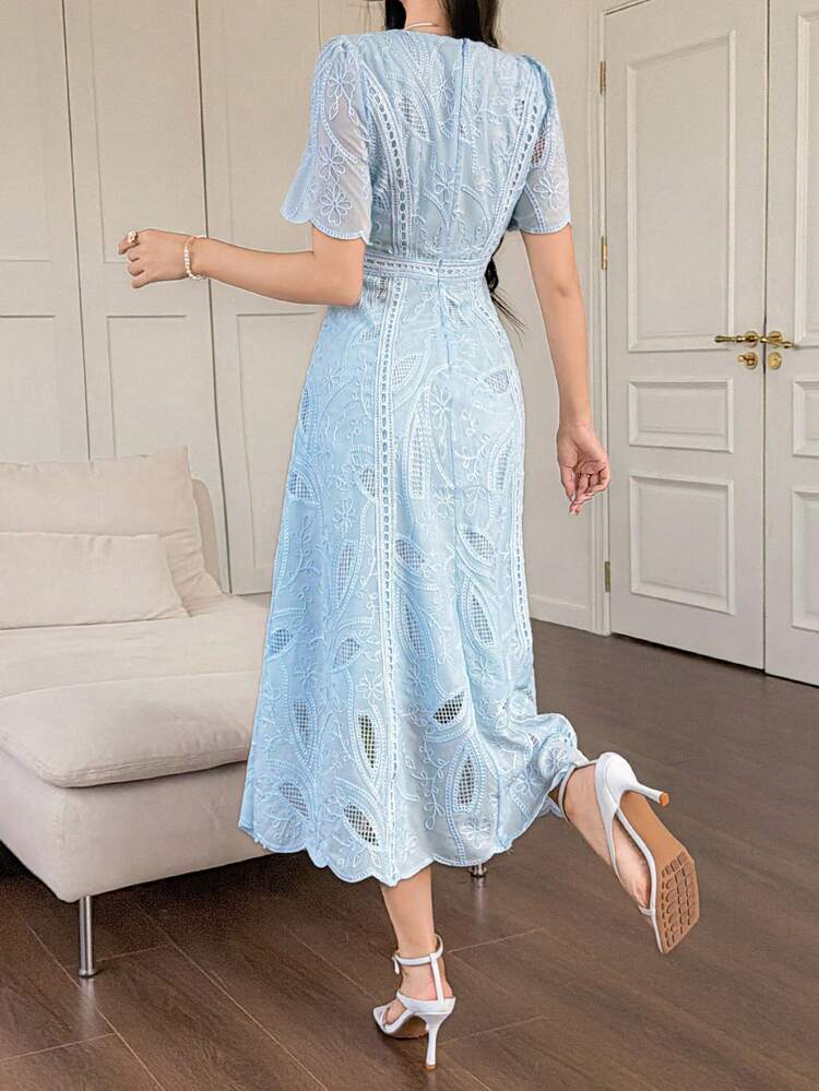 Women's Elegant Floral Lace Round Neck Puff Sleeve Midi Dress, Summer Wedding Guest Dress Sundress