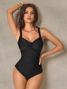 Shapewave 2pcs Women's Black Ruched Side Bikini Set, Fashionable Beach Vacation Swimwear - Black - View 3