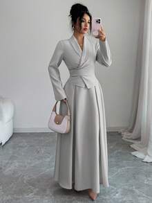 Rafferiza 2 peças/Conjunto Camisa Casual de Amarrar e Saia Longa Plissada em A-Line com Cintura Elástica para Mulheres - Cinza - Visão 5