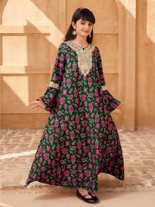 Vestido de manga larga con estampado floral para niñas preadolescentes, vestidos islámicos para niñas, vestido abaya para niñas - Verde Oscuro - Ver 3