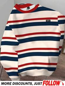 Manfinity Joysei 男士多色条纹圆领套头卫衣，针织面料，长袖，休闲学院风，拼接设计，常规版型，秋季款 - 彩色 - 查看 1