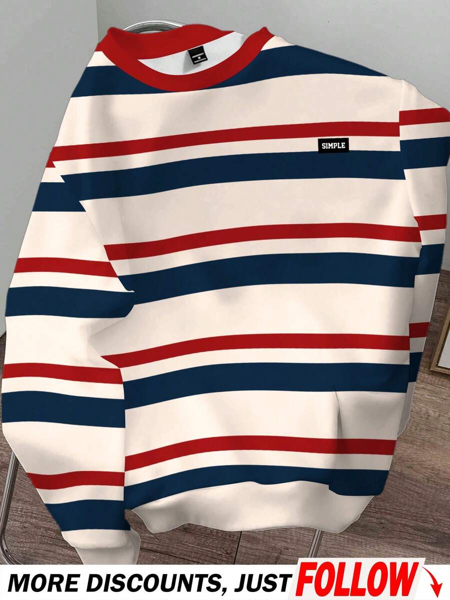 Manfinity Joysei 男士多色条纹圆领套头卫衣，针织面料，长袖，休闲学院风，拼接设计，常规版型，秋季款 - 彩色 - 查看 1