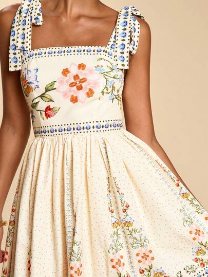 Travachic Vestido de verano para mujer con estampado floral, cuello cuadrado, sin mangas, cintura marcada y lazo delantero, atuendo de vacaciones para mujer, atuendo de playa, vestidos de verano para mujer