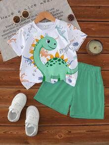 一套男婴休闲卡通恐龙印花短袖圆领T恤和短裤套装，恐龙主题服装，适合夏季户外穿着 - 彩色 - 查看 3