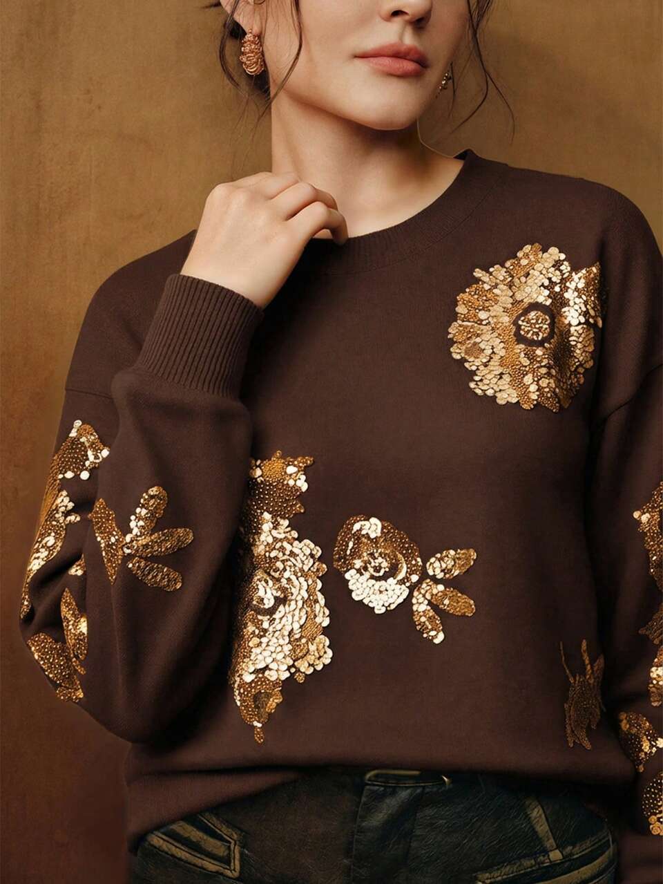 Anewsta Elegant Sequin Embroidered Floral Loose Pullover Sweater, Versatile For Women In Autumn/Winter