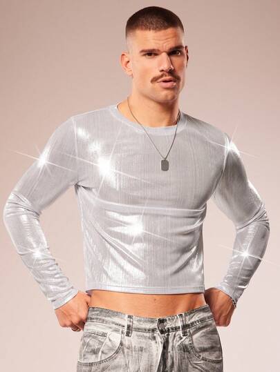 FeverCity Men's Crew Neck Long Sleeve Metallic Cropped T-Shirt