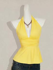 SHEIN ICON Halloween Women's Halter Backless Black Babydoll Tank Top - Yellow - View 4