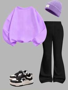 2pcs Young Girls Casual K-POP Cartoon Character Print Long Sleeve Crew Neck Sweatshirt And Flare Pants Set, Comfortable Daily & Holiday Wear, Suitable For Autumn/Winter, K-POP Style Outfit - Multicolor - View 2