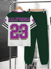 Setelan Kaos dan Celana Panjang Lengan Pendek Leher Bulat Nyaman Gaya Minimalis Kasual Baru untuk Remaja Laki-laki Gaya Y2K dengan Angka 23 Inggris, Motif Retro Amerika, Warna Blok, Cocok untuk Musim Semi/Panas - MultiWarna - View 3