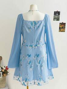 Soleia Plus Size Embroidered Blue Long Sleeve Mini Dress - Baby Blue - View 2