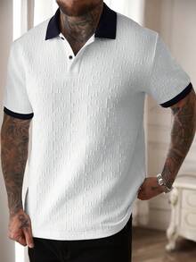 Manfinity CasualCool Men's Contrast Collar Short Sleeve Polo Shirt, Textured Jacquard Casual Top/Men's Casual Commuting Color Block Short Sleeve Polo Shirt - White - View 6