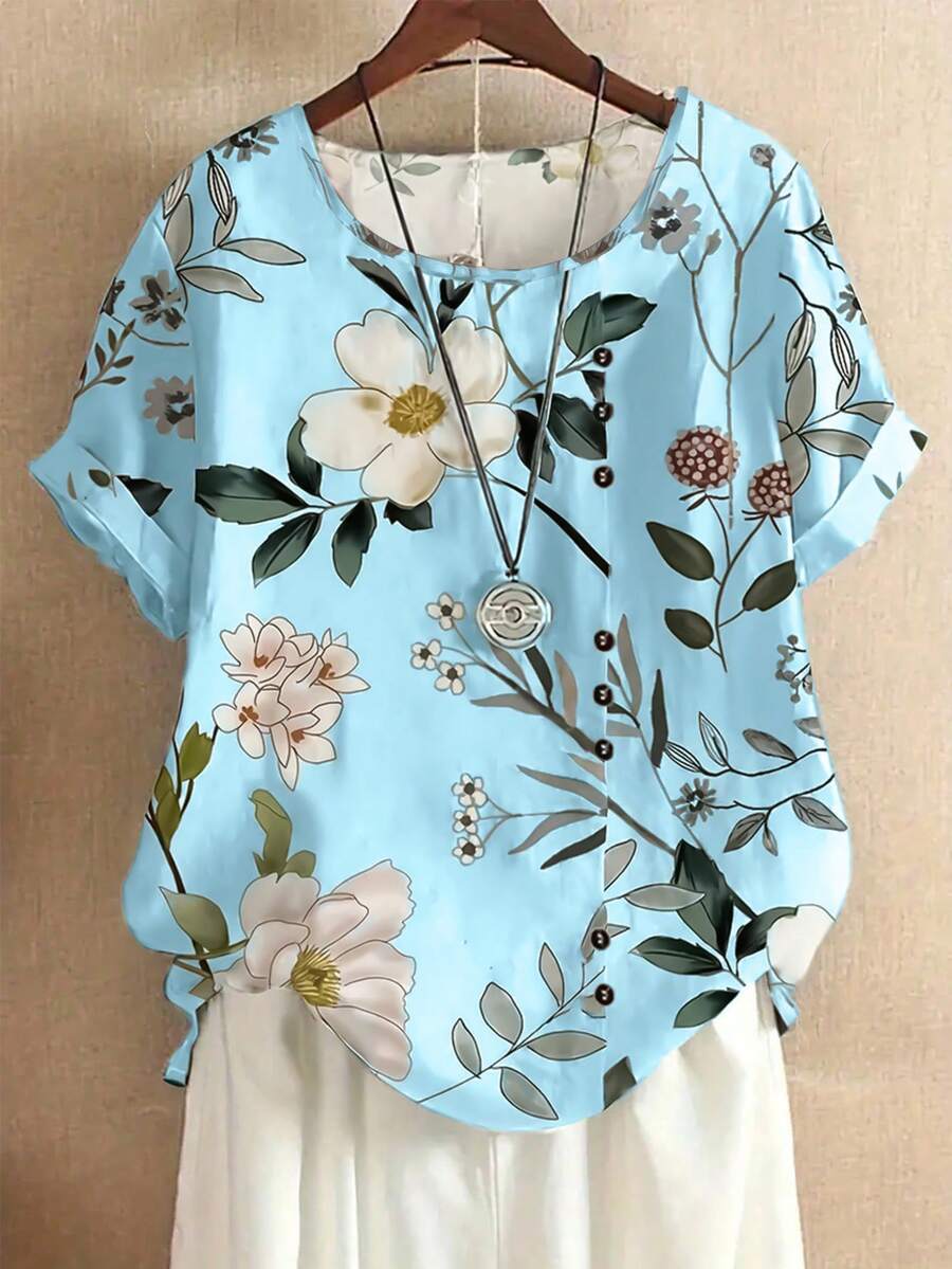 SHEIN LUNE 女士优雅印花圆领衬衫,夏季度假印花上衣,夏威夷风情上衣,浅蓝色印花衬衫,女士印花上衣,婴儿蓝上衣,女士印花短袖上衣,蓝色印花上衣,浅蓝色印花上衣,女士印花衬衫,浅蓝色衬衫 - 淺藍色 - 查看 1