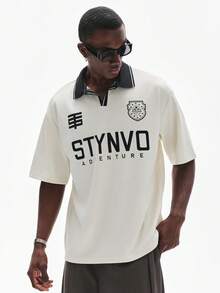 STYNVO 男士字母印花休闲百搭短袖Polo衫，夏季 - 米色 - 查看 1