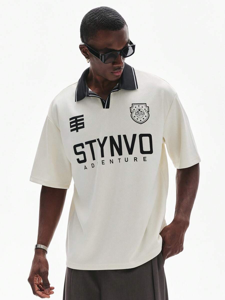 STYNVO 男士字母印花休闲百搭短袖Polo衫，夏季 - 米色 - 查看 1