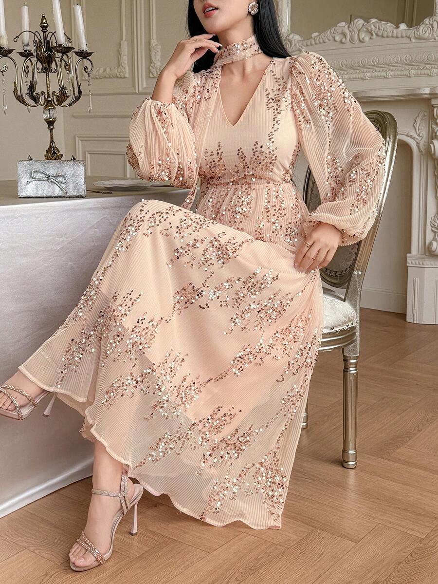 DAZY 闪亮亮片荷叶边连衣裙，女士闪亮连衣裙/吊带裙 - 粉色 - 查看 1