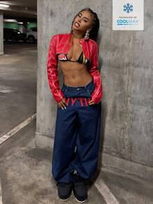 StreetHx 女士字母印花斜插口袋休闲百搭阔腿牛仔裤 - 藍色 - 查看 3