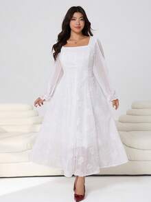 Solflare 大码优雅纯色提花通勤连衣裙 - 白色 - 查看 7