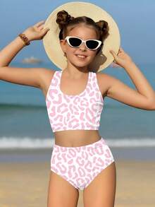 Tween Girl Leopard Print 2 Pieces Swimsuit Set, Beach Vacation Kids Bikini Set High Waist Swimsuits For Teen Girls Cheetah Print Tween Leopard Swimsuit Tweens Cheetah Print Bathing Suits Tween Girl Swimsuit Two Piece - Multicolor - View 1