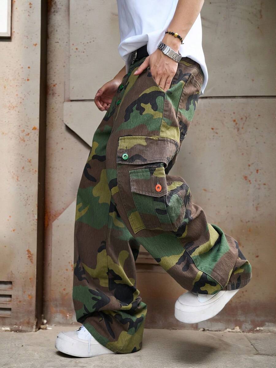 Manfinity Roghcode 男士工装迷彩休闲宽松牛仔阔腿裤 - 軍綠色 - 查看 1