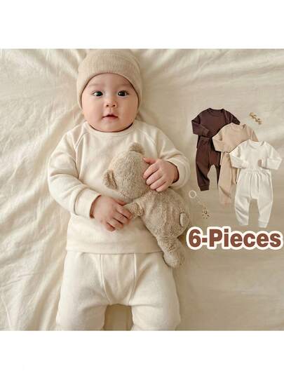 Loomiva 6 st/set Baby Unisex Enfärgad Stickad Mjuk Rund Hals Långärmad Tröja Och Resårmidja Långbyxor, Neutrala Färger